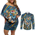 Personalized Gold Coast Titans Rugby Christmas Couples Matching Off Shoulder Short Dress and Long Sleeve Button Shirt Holiday Mascot Graphic Art Festive Lights Bow