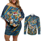 Personalized Gold Coast Titans Rugby Christmas Couples Matching Off Shoulder Short Dress and Long Sleeve Button Shirt Holiday Mascot Graphic Art Festive Lights Bow