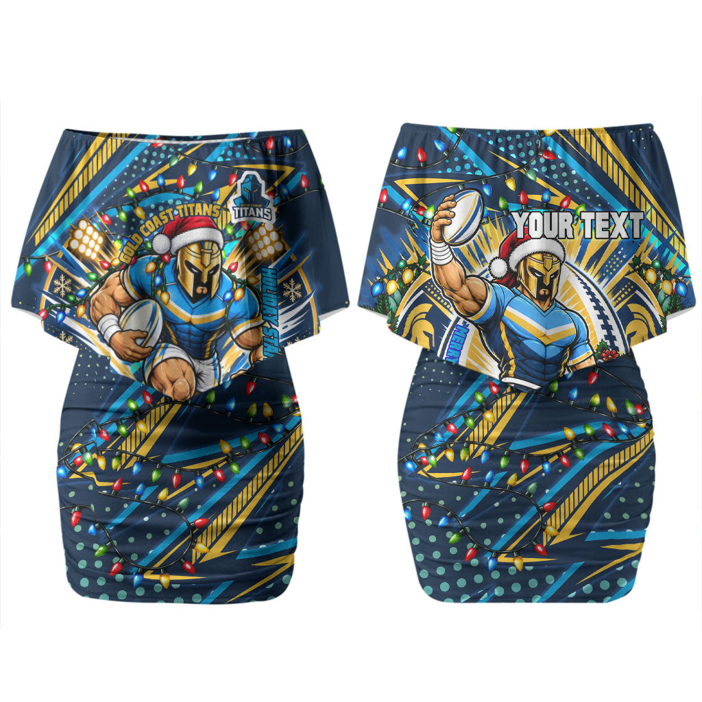 Personalized Gold Coast Titans Rugby Christmas Couples Matching Off Shoulder Short Dress and Long Sleeve Button Shirt Holiday Mascot Graphic Art Festive Lights Bow