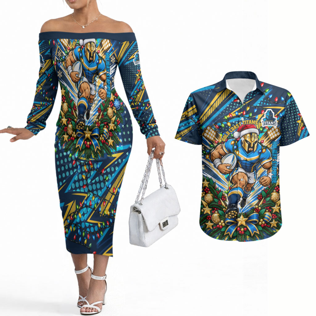 Personalized Gold Coast Titans Rugby Christmas Couples Matching Off The Shoulder Long Sleeve Dress and Hawaiian Shirt Holiday Mascot Graphic Art Festive Lights Bow