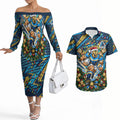 Personalized Gold Coast Titans Rugby Christmas Couples Matching Off The Shoulder Long Sleeve Dress and Hawaiian Shirt Holiday Mascot Graphic Art Festive Lights Bow