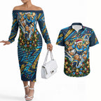 Personalized Gold Coast Titans Rugby Christmas Couples Matching Off The Shoulder Long Sleeve Dress and Hawaiian Shirt Holiday Mascot Graphic Art Festive Lights Bow