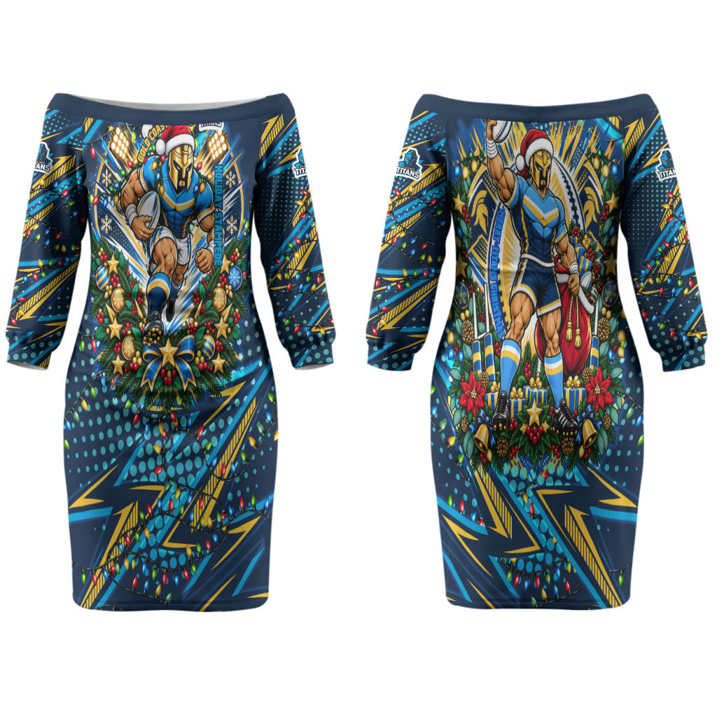 Personalized Gold Coast Titans Rugby Christmas Couples Matching Off The Shoulder Long Sleeve Dress and Hawaiian Shirt Holiday Mascot Graphic Art Festive Lights Bow