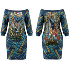 Personalized Gold Coast Titans Rugby Christmas Couples Matching Off The Shoulder Long Sleeve Dress and Hawaiian Shirt Holiday Mascot Graphic Art Festive Lights Bow