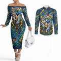 Personalized Gold Coast Titans Rugby Christmas Couples Matching Off The Shoulder Long Sleeve Dress and Long Sleeve Button Shirt Holiday Mascot Graphic Art Festive Lights Bow