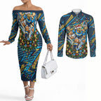 Personalized Gold Coast Titans Rugby Christmas Couples Matching Off The Shoulder Long Sleeve Dress and Long Sleeve Button Shirt Holiday Mascot Graphic Art Festive Lights Bow