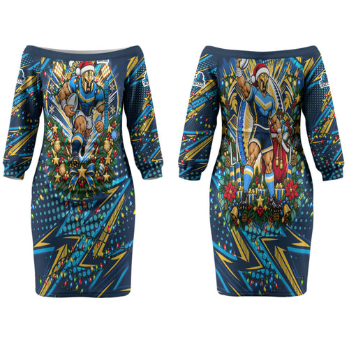 Personalized Gold Coast Titans Rugby Christmas Couples Matching Off The Shoulder Long Sleeve Dress and Long Sleeve Button Shirt Holiday Mascot Graphic Art Festive Lights Bow