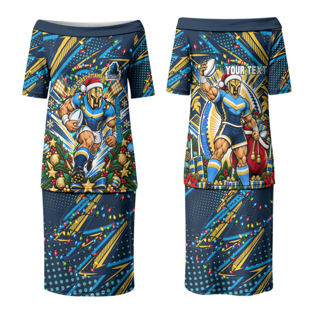Personalized Gold Coast Titans Rugby Christmas Couples Matching Puletasi and Hawaiian Shirt Holiday Mascot Graphic Art Festive Lights Bow