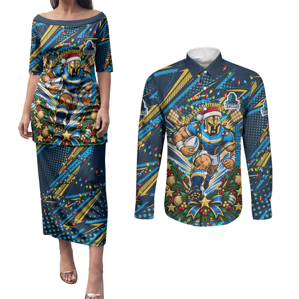 Personalized Gold Coast Titans Rugby Christmas Couples Matching Puletasi and Long Sleeve Button Shirt Holiday Mascot Graphic Art Festive Lights Bow