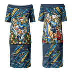 Personalized Gold Coast Titans Rugby Christmas Couples Matching Puletasi and Long Sleeve Button Shirt Holiday Mascot Graphic Art Festive Lights Bow