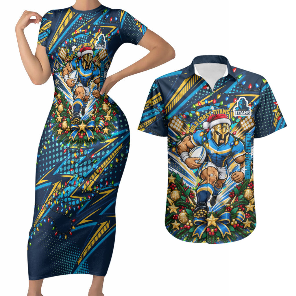 Personalized Gold Coast Titans Rugby Christmas Couples Matching Short Sleeve Bodycon Dress and Hawaiian Shirt Holiday Mascot Graphic Art Festive Lights Bow