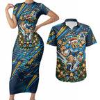 Personalized Gold Coast Titans Rugby Christmas Couples Matching Short Sleeve Bodycon Dress and Hawaiian Shirt Holiday Mascot Graphic Art Festive Lights Bow