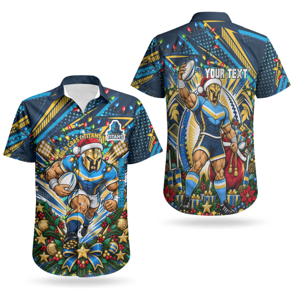 Personalized Gold Coast Titans Rugby Christmas Couples Matching Short Sleeve Bodycon Dress and Hawaiian Shirt Holiday Mascot Graphic Art Festive Lights Bow