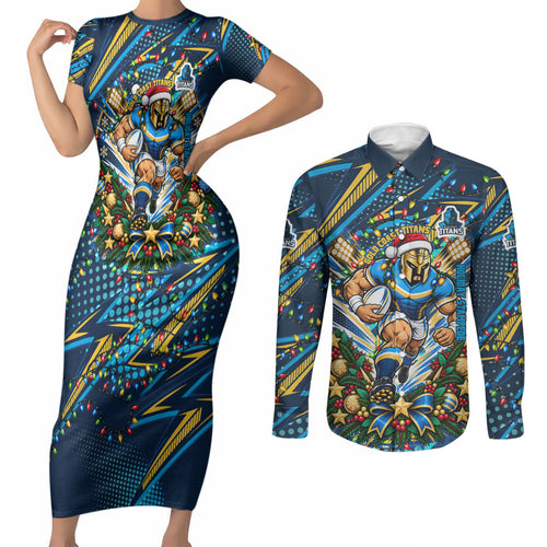 Personalized Gold Coast Titans Rugby Christmas Couples Matching Short Sleeve Bodycon Dress and Long Sleeve Button Shirt Holiday Mascot Graphic Art Festive Lights Bow