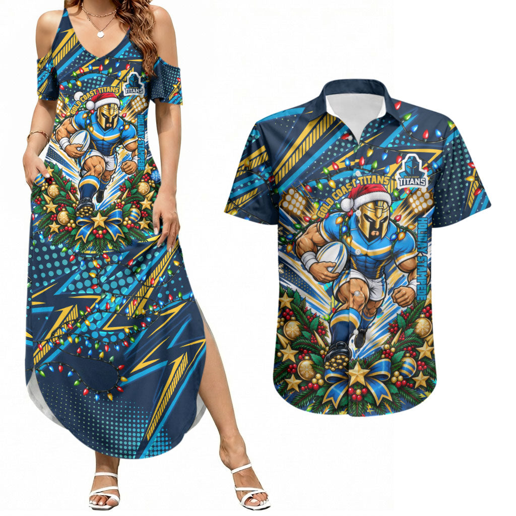 Personalized Gold Coast Titans Rugby Christmas Couples Matching Summer Maxi Dress and Hawaiian Shirt Holiday Mascot Graphic Art Festive Lights Bow