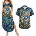 Personalized Gold Coast Titans Rugby Christmas Couples Matching Summer Maxi Dress and Hawaiian Shirt Holiday Mascot Graphic Art Festive Lights Bow