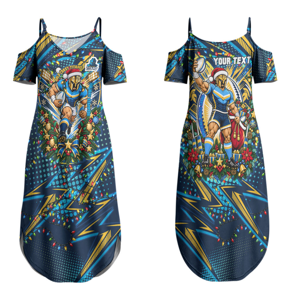 Personalized Gold Coast Titans Rugby Christmas Couples Matching Summer Maxi Dress and Hawaiian Shirt Holiday Mascot Graphic Art Festive Lights Bow