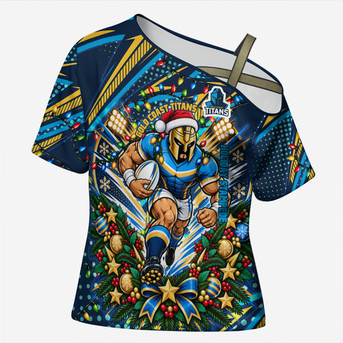 Personalized Gold Coast Titans Rugby Christmas Cross Shoulder Shirt Holiday Mascot Graphic Art Festive Lights Bow