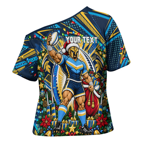 Personalized Gold Coast Titans Rugby Christmas Cross Shoulder Shirt Holiday Mascot Graphic Art Festive Lights Bow