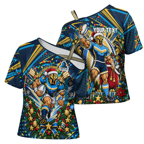 Personalized Gold Coast Titans Rugby Christmas Cross Shoulder Shirt Holiday Mascot Graphic Art Festive Lights Bow
