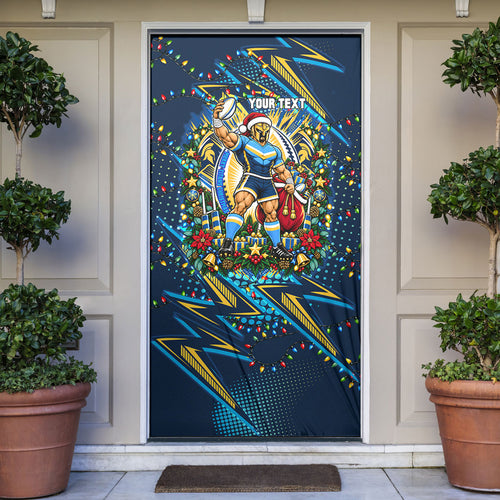 Personalized Gold Coast Titans Rugby Christmas Door Cover Holiday Mascot Graphic Art Festive Lights Bow