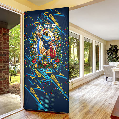 Personalized Gold Coast Titans Rugby Christmas Door Cover Holiday Mascot Graphic Art Festive Lights Bow