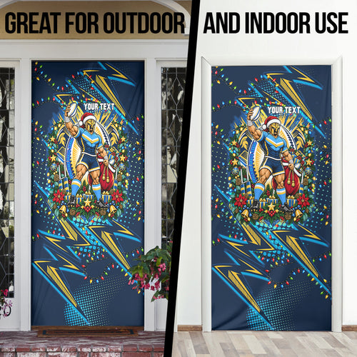 Personalized Gold Coast Titans Rugby Christmas Door Cover Holiday Mascot Graphic Art Festive Lights Bow