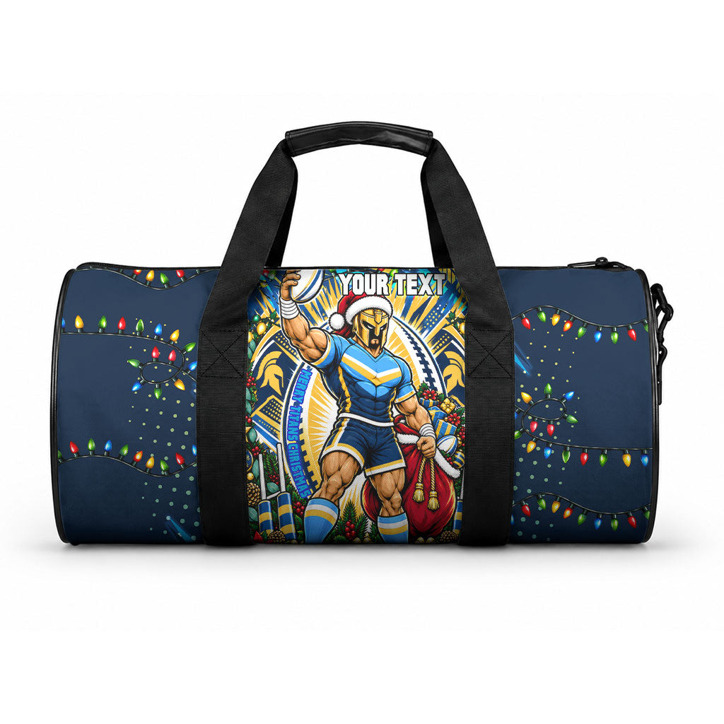 Personalized Gold Coast Titans Rugby Christmas Duffle Bag Holiday Mascot Graphic Art Festive Lights Bow