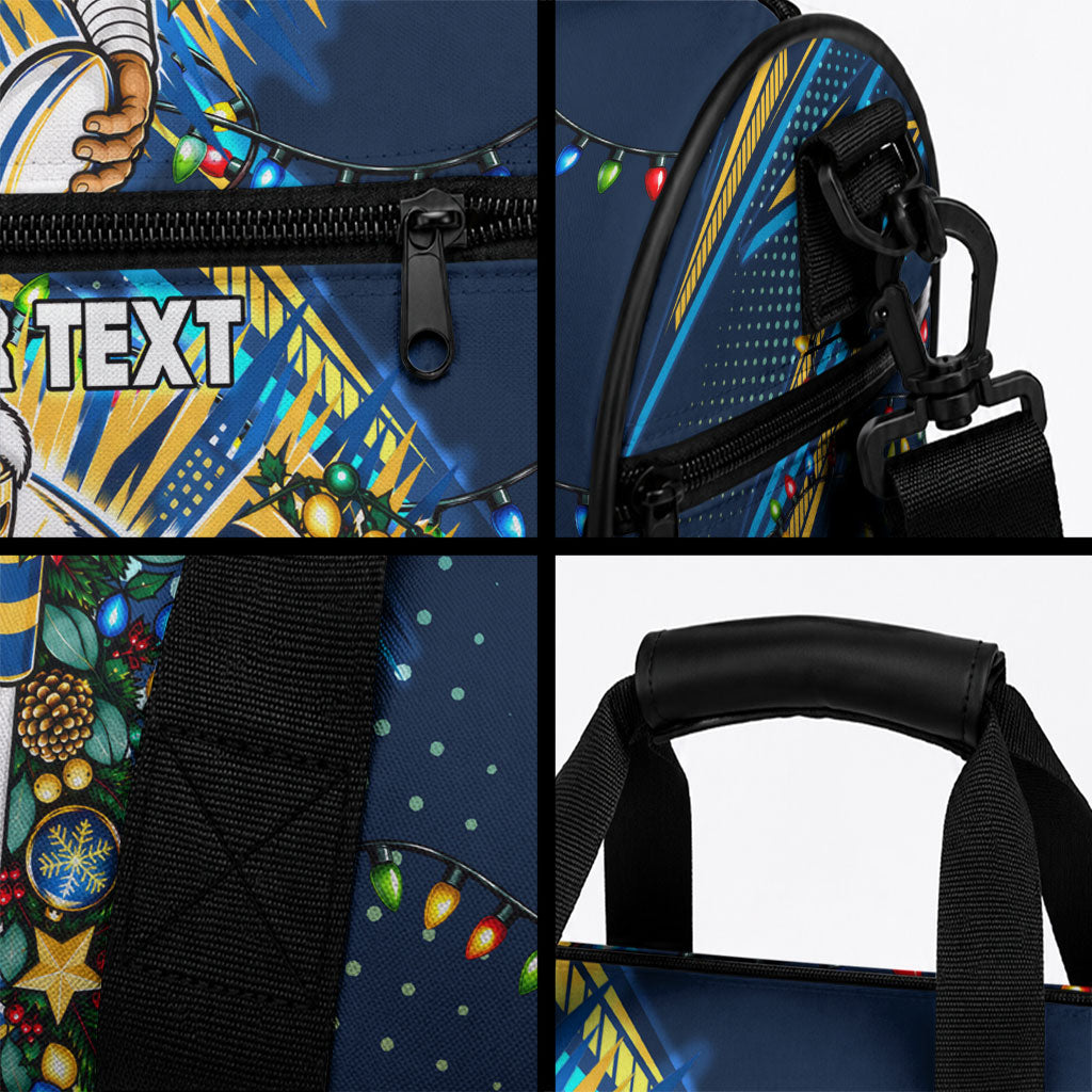Personalized Gold Coast Titans Rugby Christmas Duffle Bag Holiday Mascot Graphic Art Festive Lights Bow