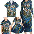 Personalized Gold Coast Titans Rugby Christmas Family Matching Long Sleeve Bodycon Dress and Hawaiian Shirt Holiday Mascot Graphic Art Festive Lights Bow