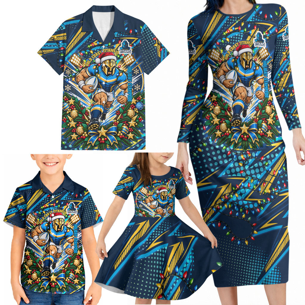 Personalized Gold Coast Titans Rugby Christmas Family Matching Long Sleeve Bodycon Dress and Hawaiian Shirt Holiday Mascot Graphic Art Festive Lights Bow