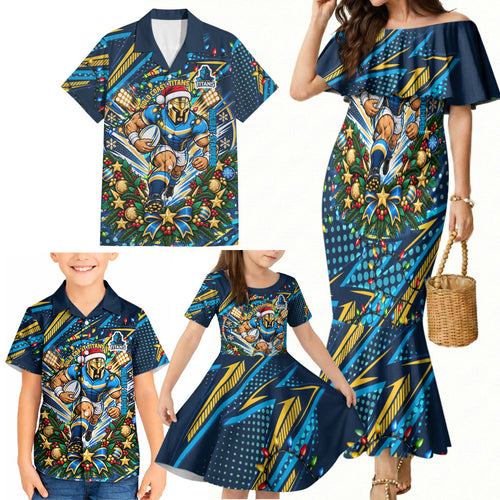 Personalized Gold Coast Titans Rugby Christmas Family Matching Mermaid Dress and Hawaiian Shirt Holiday Mascot Graphic Art Festive Lights Bow
