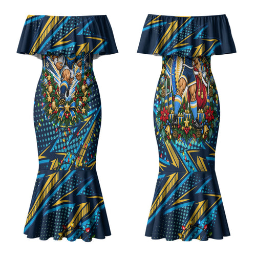 Personalized Gold Coast Titans Rugby Christmas Family Matching Mermaid Dress and Hawaiian Shirt Holiday Mascot Graphic Art Festive Lights Bow