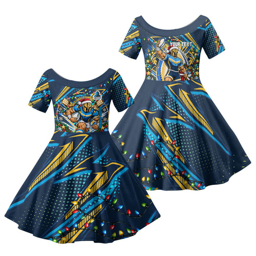 Personalized Gold Coast Titans Rugby Christmas Family Matching Mermaid Dress and Hawaiian Shirt Holiday Mascot Graphic Art Festive Lights Bow