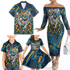 Personalized Gold Coast Titans Rugby Christmas Family Matching Off The Shoulder Long Sleeve Dress and Hawaiian Shirt Holiday Mascot Graphic Art Festive Lights Bow
