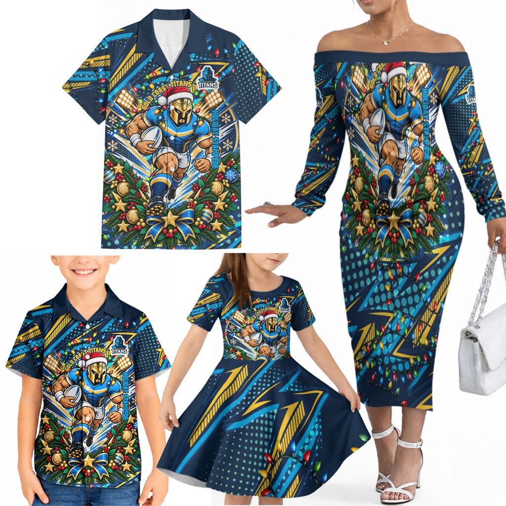 Personalized Gold Coast Titans Rugby Christmas Family Matching Off The Shoulder Long Sleeve Dress and Hawaiian Shirt Holiday Mascot Graphic Art Festive Lights Bow