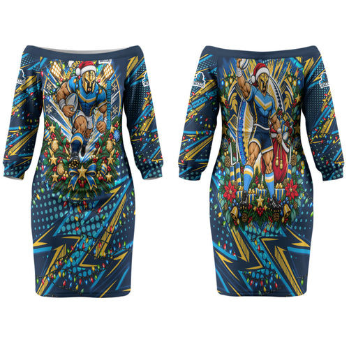 Personalized Gold Coast Titans Rugby Christmas Family Matching Off The Shoulder Long Sleeve Dress and Hawaiian Shirt Holiday Mascot Graphic Art Festive Lights Bow