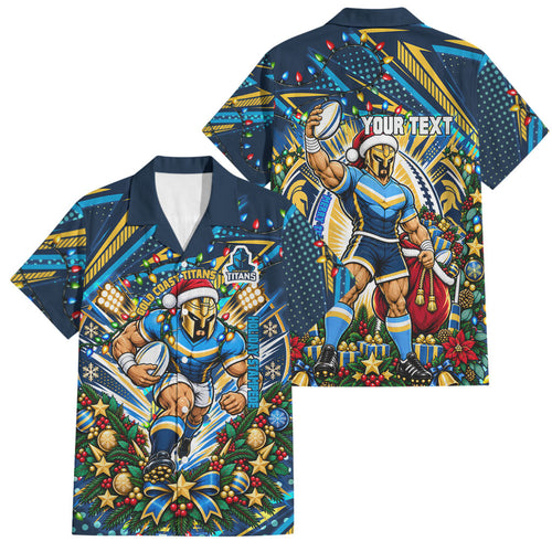 Personalized Gold Coast Titans Rugby Christmas Family Matching Off The Shoulder Long Sleeve Dress and Hawaiian Shirt Holiday Mascot Graphic Art Festive Lights Bow