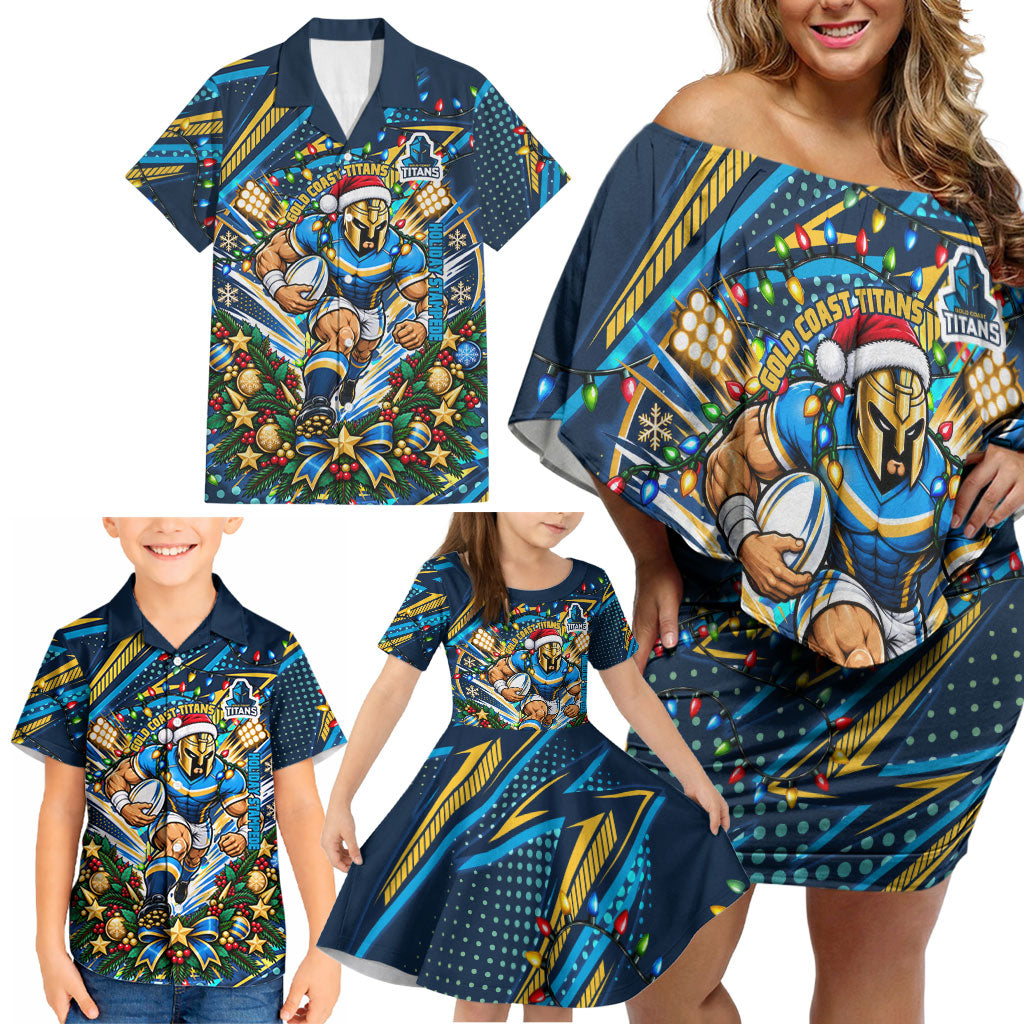 Personalized Gold Coast Titans Rugby Christmas Family Matching Off Shoulder Short Dress and Hawaiian Shirt Holiday Mascot Graphic Art Festive Lights Bow