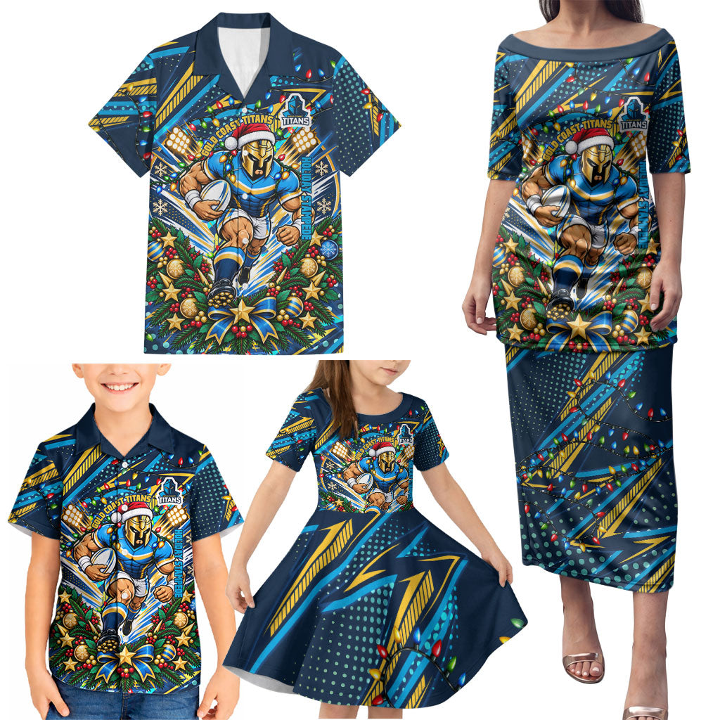 Personalized Gold Coast Titans Rugby Christmas Family Matching Puletasi and Hawaiian Shirt Holiday Mascot Graphic Art Festive Lights Bow