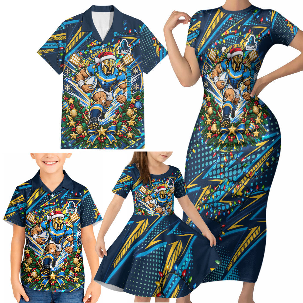 Personalized Gold Coast Titans Rugby Christmas Family Matching Short Sleeve Bodycon Dress and Hawaiian Shirt Holiday Mascot Graphic Art Festive Lights Bow