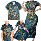 Personalized Gold Coast Titans Rugby Christmas Family Matching Short Sleeve Bodycon Dress and Hawaiian Shirt Holiday Mascot Graphic Art Festive Lights Bow