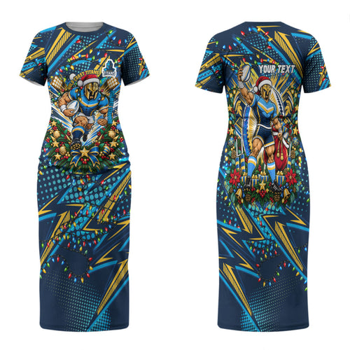 Personalized Gold Coast Titans Rugby Christmas Family Matching Short Sleeve Bodycon Dress and Hawaiian Shirt Holiday Mascot Graphic Art Festive Lights Bow