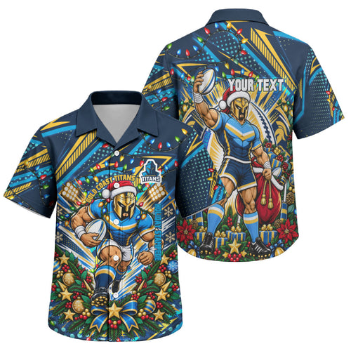 Personalized Gold Coast Titans Rugby Christmas Family Matching Short Sleeve Bodycon Dress and Hawaiian Shirt Holiday Mascot Graphic Art Festive Lights Bow