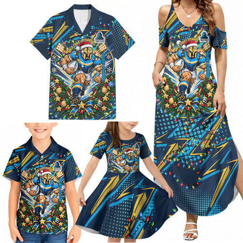 Personalized Gold Coast Titans Rugby Christmas Family Matching Summer Maxi Dress and Hawaiian Shirt Holiday Mascot Graphic Art Festive Lights Bow