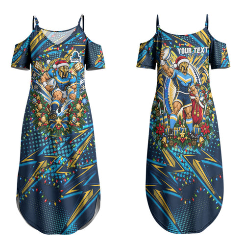 Personalized Gold Coast Titans Rugby Christmas Family Matching Summer Maxi Dress and Hawaiian Shirt Holiday Mascot Graphic Art Festive Lights Bow
