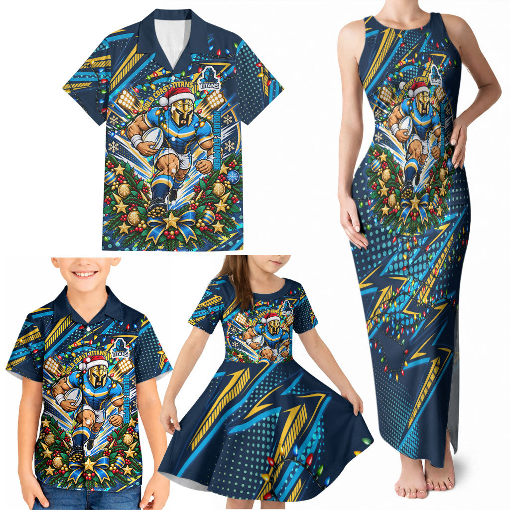 Personalized Gold Coast Titans Rugby Christmas Family Matching Tank Maxi Dress and Hawaiian Shirt Holiday Mascot Graphic Art Festive Lights Bow
