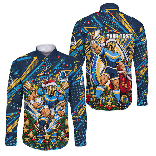 Personalized Gold Coast Titans Rugby Christmas Family Matching Tank Maxi Dress and Hawaiian Shirt Holiday Mascot Graphic Art Festive Lights Bow