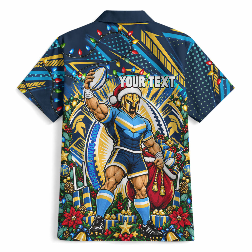 Personalized Gold Coast Titans Rugby Christmas Hawaiian Shirt Holiday Mascot Graphic Art Festive Lights Bow