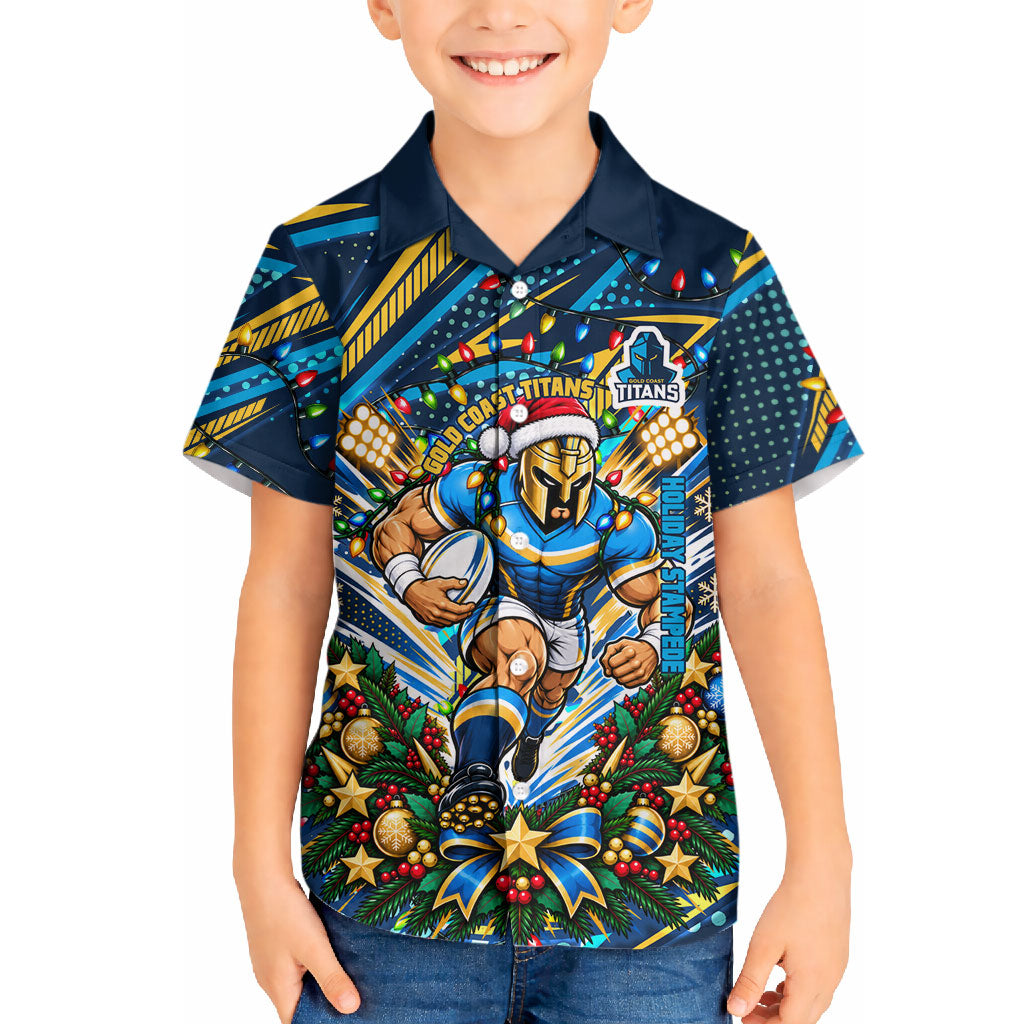 Personalized Gold Coast Titans Rugby Christmas Hawaiian Shirt Holiday Mascot Graphic Art Festive Lights Bow